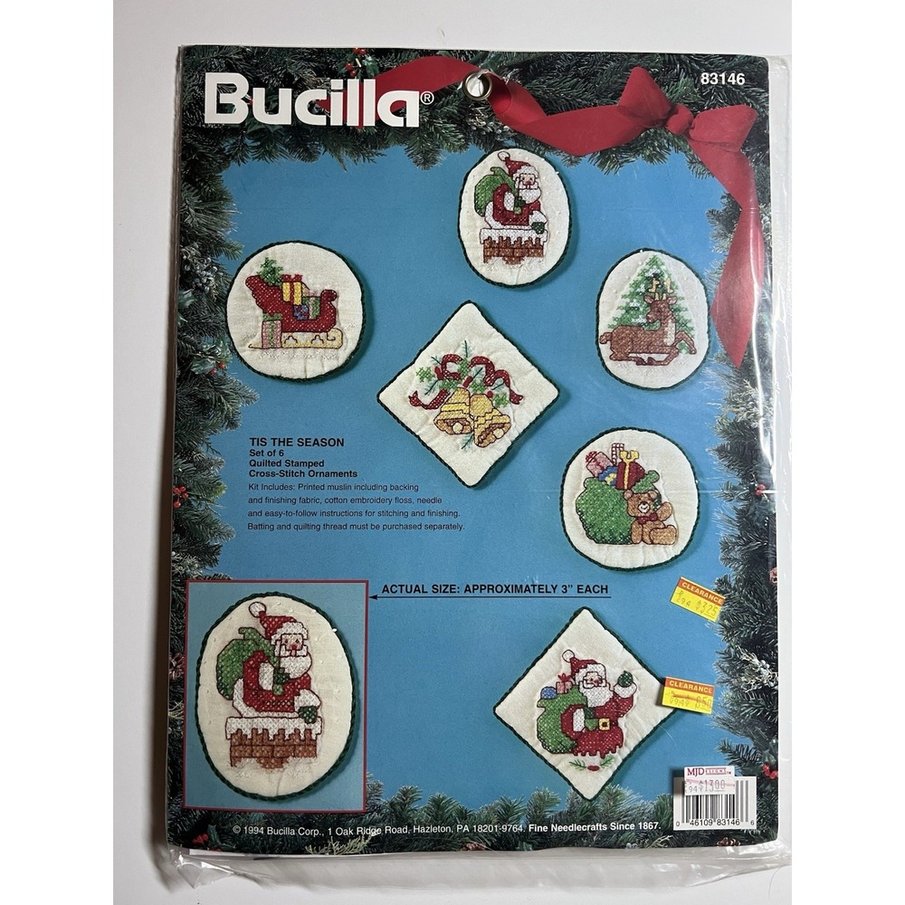 1994 Bucilla TIS THE SEASON #83146 Quilted Stamped X Stitch Ornaments Set Of 6